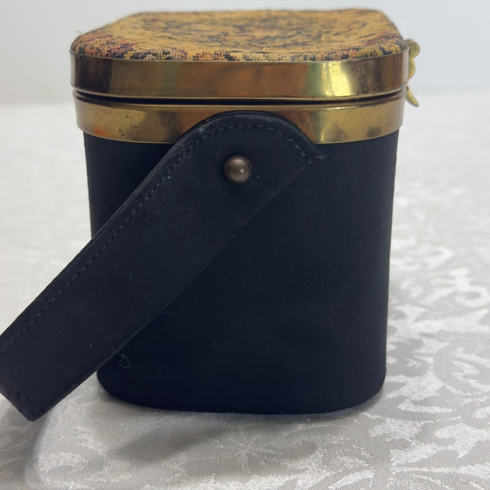 Vintage Black Box Top Handbag Brass Accent Purse Needle Point Petit Tapestry 60s - Picture 5 of 12